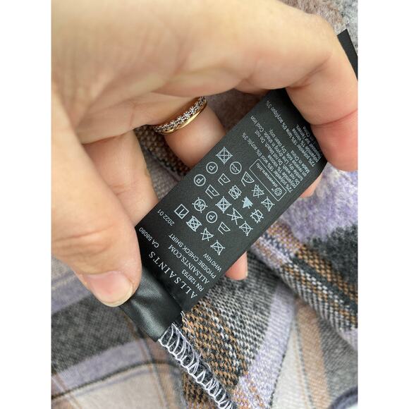 All Saints Phoebe Grey Purple Check Wool Blend Flannel Button Up Shirt Size 0 - Picture 7 of 8